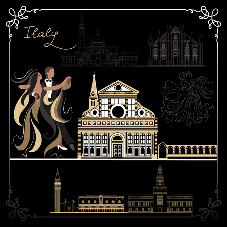 Set (kit) with landmarks of Italian architecture. Couple (dancers-man and woman). Suitable for invitation, flyer, sticker, poster, banner, card, label, cover, web. Vector illustration.のイラスト素材