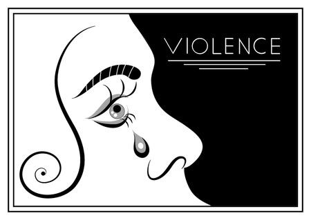 Abused young woman (lady, female, girl). Violence against women concept. Suitable for an invitation, sticker, poster, banner, card, label, cover, web. illustration.のイラスト素材