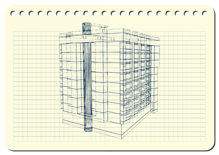 Graphic drawing with abstract architecture. The diary sheet with the sketch of modern building.のイラスト素材