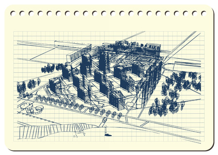 Graphic drawing with abstract city. The diary sheet with the sketch of modern general plan.のイラスト素材