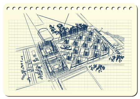 Graphic drawing with abstract city. The diary sheet with the sketch of modern general plan.のイラスト素材