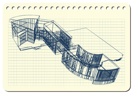 Graphic drawing with abstract architecture. The diary sheet with the sketch of modern building. Suitable for invitation, flyer, sticker, poster, banner, card, label, cover, web. Vector illustration.のイラスト素材