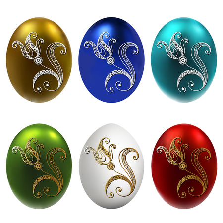 Graphic abstract decorative eggs (symbol of the Easter holiday)-set. Suitable for invitation, flyer, sticker, poster, banner, card, label, cover, web. Vector illustration.のイラスト素材