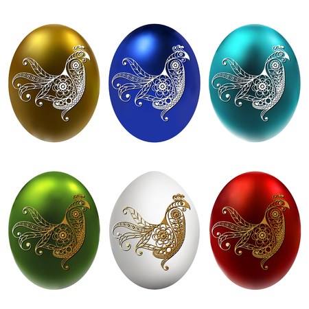 Graphic abstract decorative eggs (symbol of the Easter holiday)-set. Suitable for invitation, flyer, sticker, poster, banner, card, label, cover, web. Vector illustration.のイラスト素材