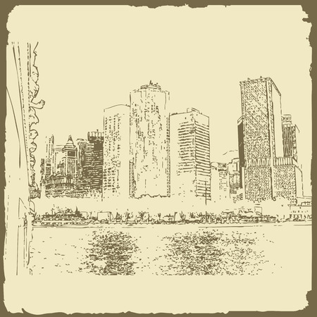 Sketch of New York city. Suitable for invitation, flyer, sticker, poster, banner, card, label, cover, web. Vector illustration.のイラスト素材
