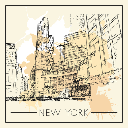 Sketch of New York city. Suitable for invitation, flyer, sticker, poster, banner, card, label, cover, web. Vector illustration.のイラスト素材