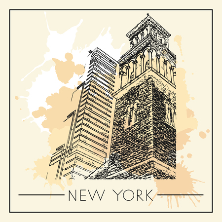Sketch of New York city. Suitable for invitation, flyer, sticker, poster, banner, card, label, cover, web. Vector illustration.のイラスト素材