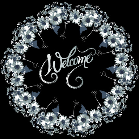 Graphic illustration with floral frame. Suitable for invitation, flyer, sticker, poster, banner, card, label, cover, web vector illustration.のイラスト素材