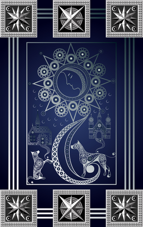 Graphic abstract design with occult tarot card. Major Arcana - The Moon. Suitable for invitation, flyer, sticker, poster, banner, card, label, cover, web. Vector illustration.のイラスト素材