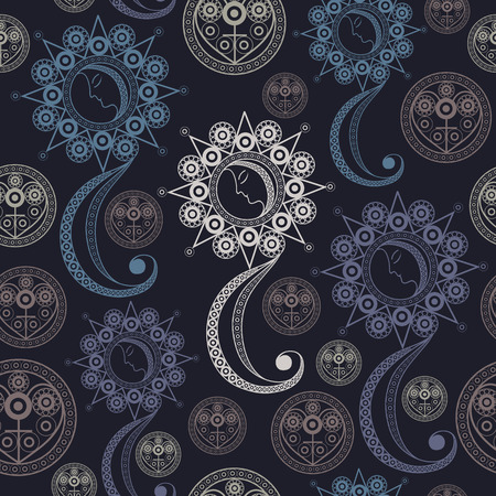 Seamless (texture) background with occult symbols. Suitable for textile, wallpapers, print, wrapping, scrapbooking, book cover, cloth design. Vector illustration.のイラスト素材