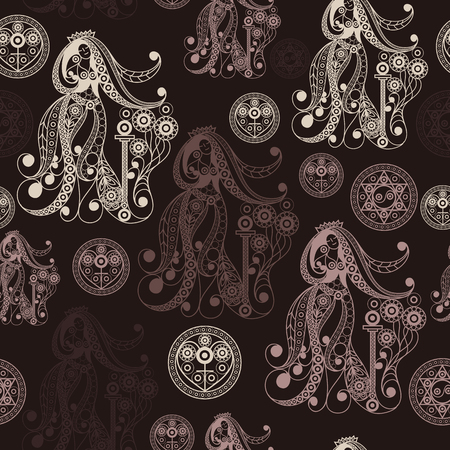 Seamless (texture) background with occult symbols. Suitable for textile, wallpapers, print, wrapping, scrapbooking, book cover, cloth design. Vector illustration.のイラスト素材