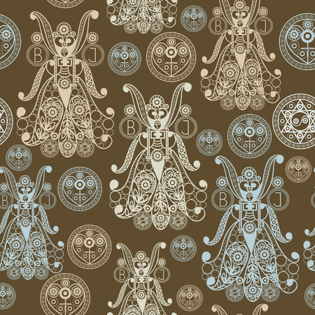 Seamless (texture) background with occult symbols. Suitable for textile, wallpapers, print, wrapping, scrapbooking, book cover, cloth design. Vector illustration.のイラスト素材