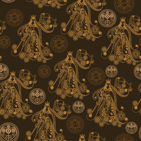 Seamless (texture) background with occult symbols. Suitable for textile, wallpapers, print, wrapping, scrapbooking, book cover, cloth design. Vector illustration.のイラスト素材