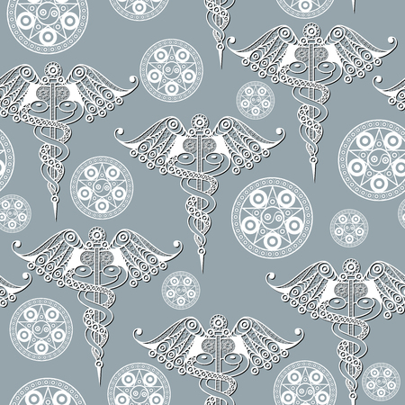 Seamless (texture) background with occult symbols. Suitable for textile, wallpapers, print, wrapping, scrapbooking, book cover, cloth design. Vector illustration.のイラスト素材