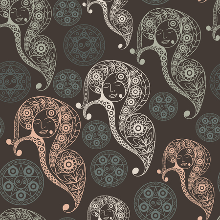 Seamless (texture) background with occult symbols. Suitable for textile, wallpapers, print, wrapping, scrapbooking, book cover, cloth design. Vector illustration.のイラスト素材