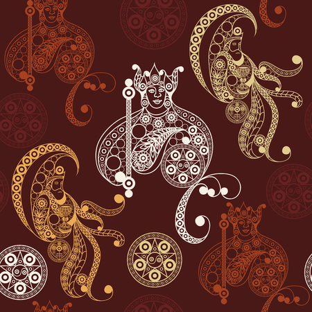 Seamless (texture) background with occult symbols. Suitable for textile, wallpapers, print, wrapping, scrapbooking, book cover, cloth design. Vector illustration.のイラスト素材