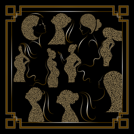 Stylized golden profile of women-set. Suitable for invitation, flyer, sticker, poster, banner, card, label, cover, web. Vector illustration.のイラスト素材