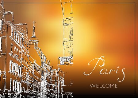 Sketch of Paris. Suitable for invitation, flyer, sticker, poster, banner, card, label, cover, web. Vector illustration.のイラスト素材