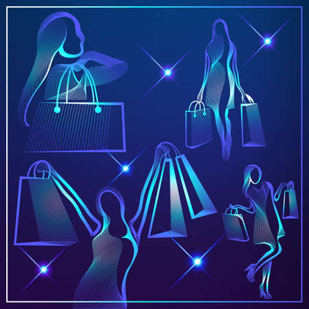 Abstract woman (buyer) on sale-set. Black Friday. Cyber Monday. Vector illustration.のイラスト素材