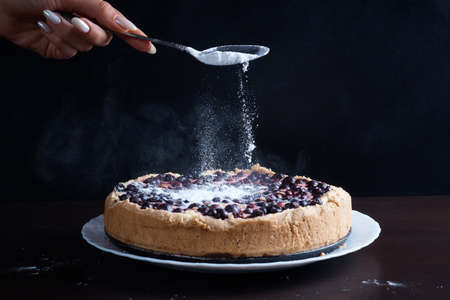 Berry pie cake from the cherries currants in a bowl fresh steaming hot sprinkle with powdered sugar background blurredの写真素材