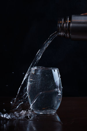 water pours into the glass past the glass spills on to the table a blurred backgroundの写真素材