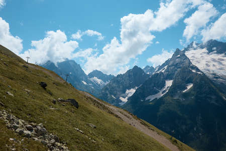 Landscape, mountain panorama, alpine meadows and mountain peaks in iceの写真素材