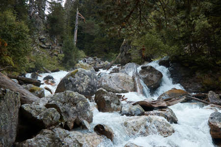 landscape, mountain river and waterfall, stormy water beating against rocks, forest and nature in...