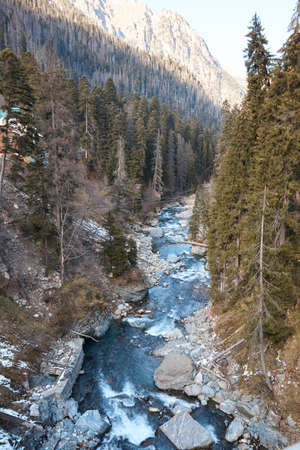 Landscape in the mountains, river and coniferous forest, autumn, the first snow on the slopes, fallen trees and shrubsの写真素材