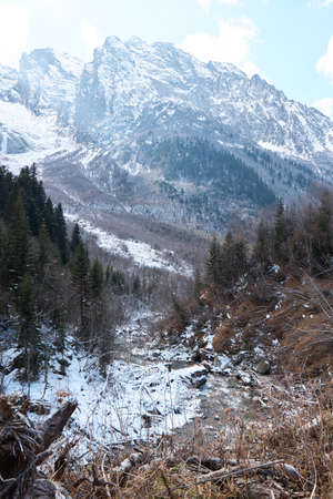 Landscape in the mountains, river and coniferous forest, autumn, the first snow on the slopes, fallen trees and shrubsの写真素材