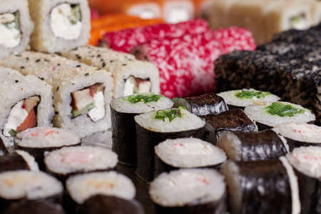 sushi set on the table, macro, close-up, various sushi and rolls, food, asian cuisineの写真素材