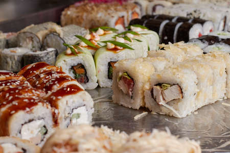 sushi set on the table, macro, close-up, various sushi and rolls, food, asian cuisineの写真素材