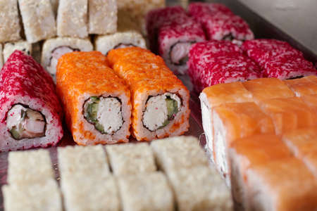 sushi set on the table, macro, close-up, various sushi and rolls, food, asian cuisineの写真素材