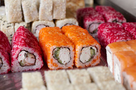 sushi set on the table, macro, close-up, various sushi and rolls, food, asian cuisineの写真素材