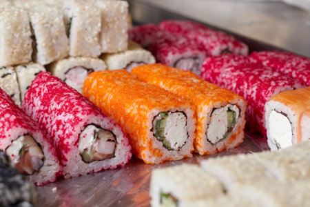 sushi set on the table, macro, close-up, various sushi and rolls, food, asian cuisineの写真素材