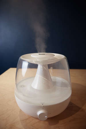 a white steam generator on the table stands running emits steam close up view from the sideの写真素材