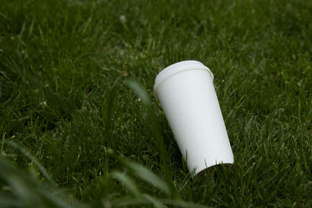 Mockup, paper cup for coffee, in the grass, close-up, your designの写真素材