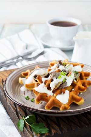 Corn waffles with mushrooms and sauce. Selective focus.の写真素材