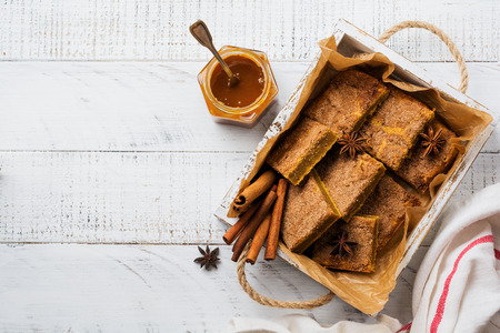Spicy Pumpkin Ð¡bars Blondie Squares with Cinnamon, Anise and Caramel. Traditional English Dessert. Top view.の写真素材