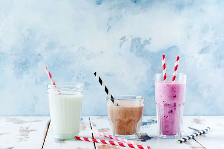 Chocolate, berry and vanilla smoothie drink. Concept of weight loss, fitness, healthy lifestyle. Healthy organic diet shakes.の写真素材