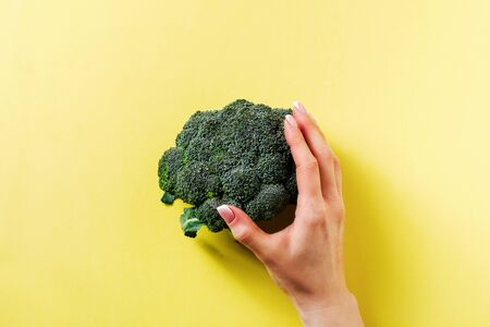 Female hand holds one fresh green broccoli lying on yellow light background. Top view.の写真素材