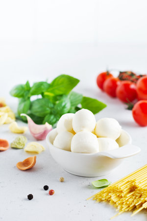 Traditional organic ingredients of italian cuisine : pasta, tomato, garlic, olive oil, mozzarella cheese balls and basil on a light grey slate, stone or concrete background.の写真素材