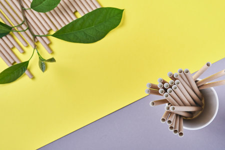Drinking tubes made of paper and cornstarch, biodegradable material and eco paper glasses with green...