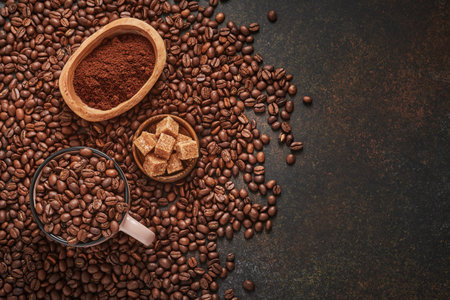 Coffee roasted beans in cup and scattered nearby, ground coffee and cane sugar on a brown table background. Top view with space to copy text.の写真素材
