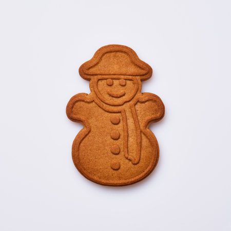 New Year gingerbread or snowman shaped cookies isolated on white background. Square image. Top view.