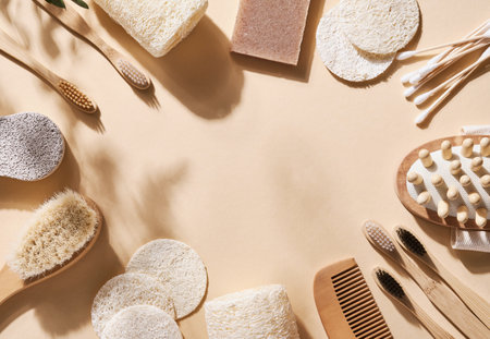 Zero waste bathroom accessories hairbrush, bamboo toothbrush, sticks, pumice stone, loofah washcloth, wooden massager and natural soap in reusable shopping bag on beige background. Top view.の写真素材