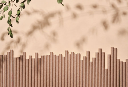 Renewable individual objects for home use, bamboo or paper straws, disposable cups and wooden coffee stirrers on beige with shade from the leaves on the beach. Zero waste. Top view.の写真素材