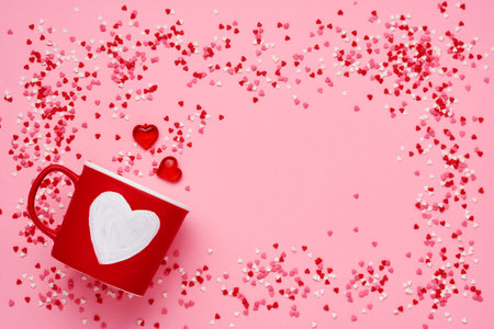 Red cup mug with with painted heart, sugar and chocolate hearts on pink background. Flat lay...