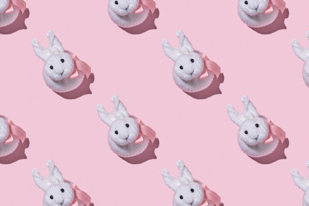 Easter spring greeting card with rabbit bunny on pink background. Pollution environment. Seamless pattern. Good for wallpaper, textile, poster, cover of book, post cards.の写真素材