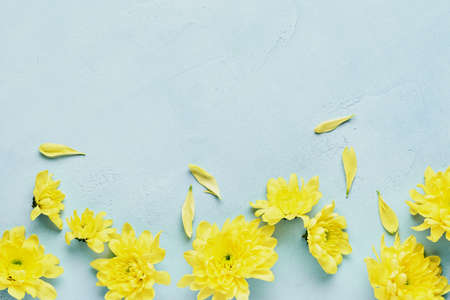 Easter concept. Eggs and yellow chrysanthemums flowers on blue background. Mock up. Spring Happy Easter holiday card. Top view.の写真素材