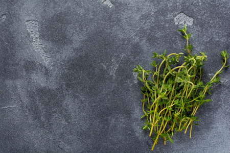 Food cooking background. Spices herbs and garlic at black slate table. Food ingredients top view.